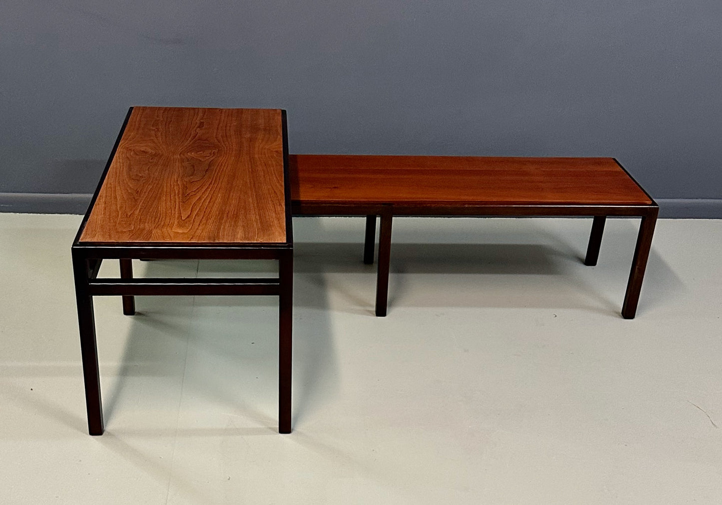 Mid-Century Dunbar Style Nesting Tables in Walnut and Ebonized Frames