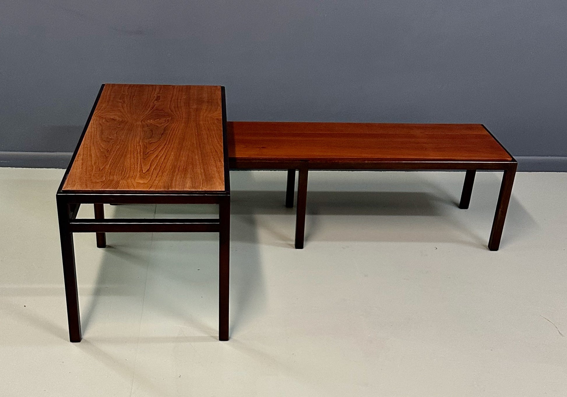 Mid-Century Dunbar Style Nesting Tables in Walnut and Ebonized Frames