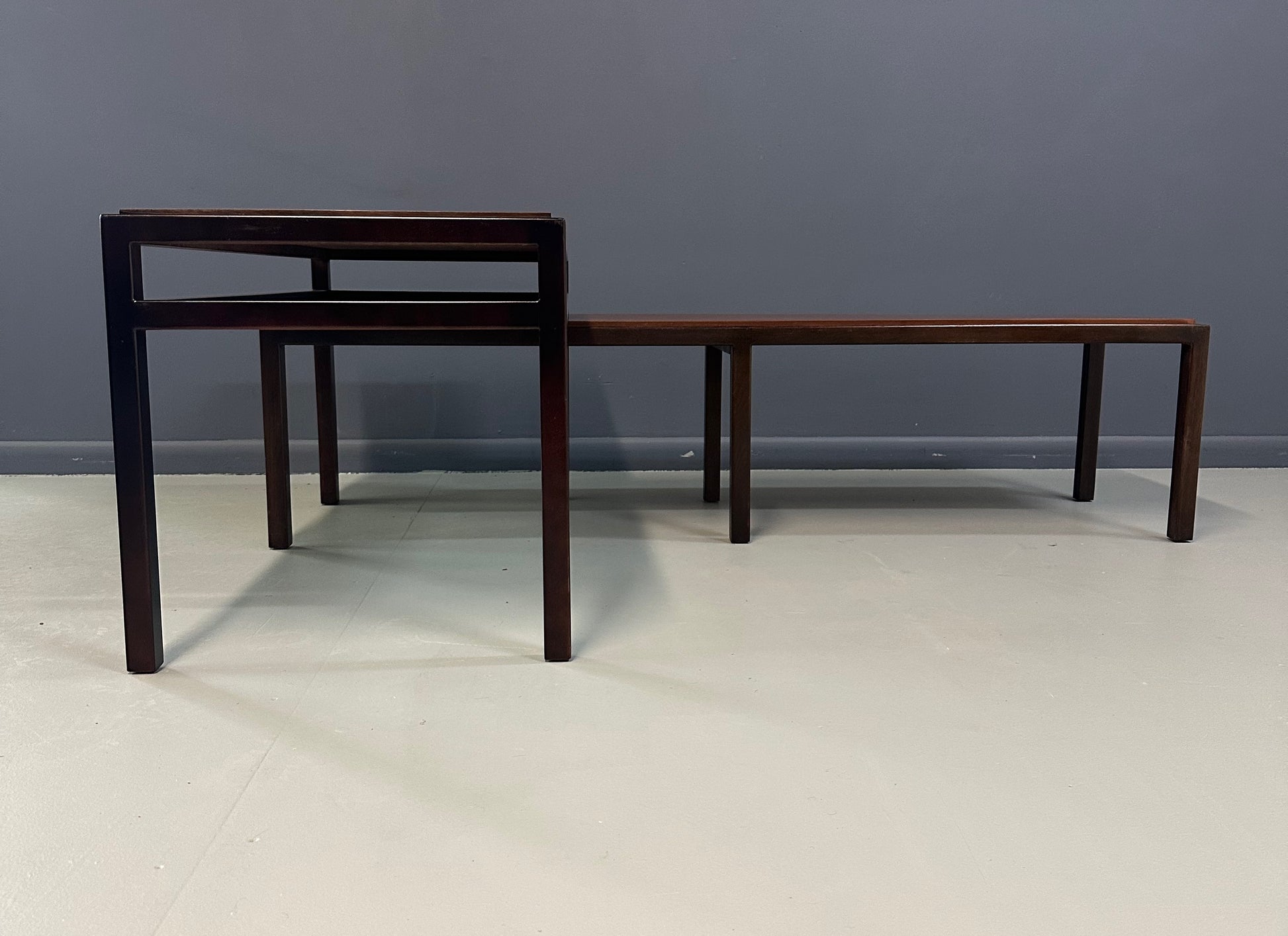 Mid-Century Dunbar Style Nesting Tables in Walnut and Ebonized Frames
