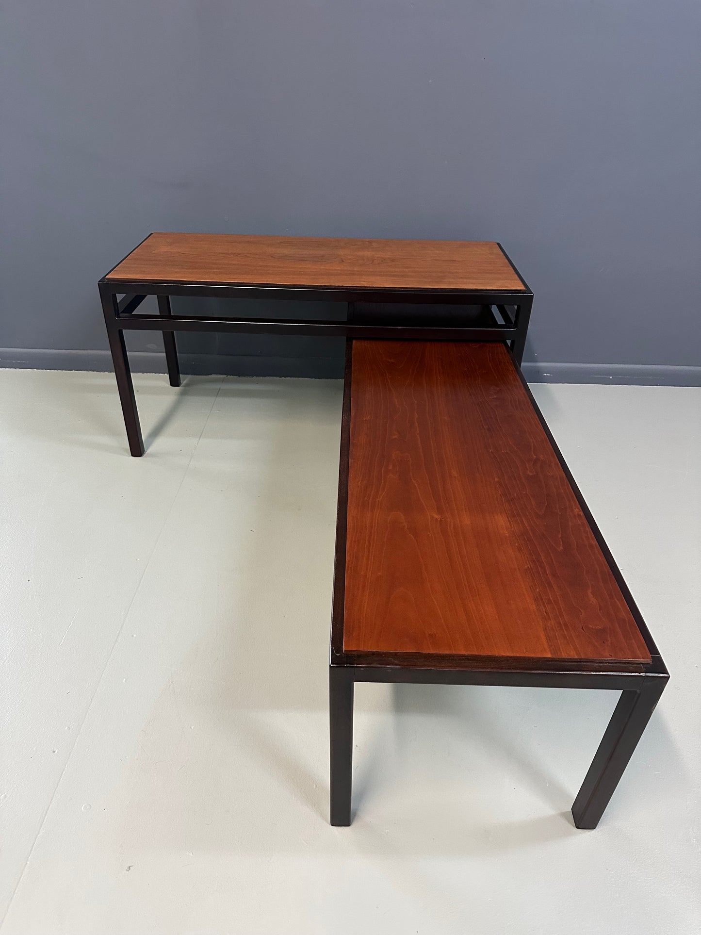 Mid-Century Dunbar Style Nesting Tables in Walnut and Ebonized Frames