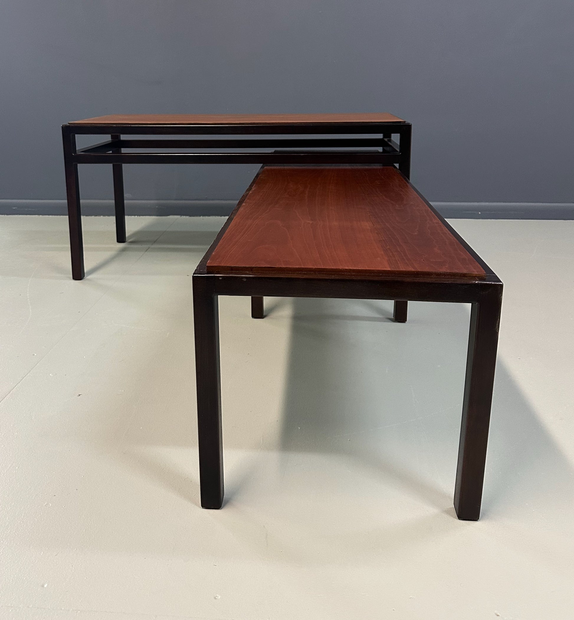 Mid-Century Dunbar Style Nesting Tables in Walnut and Ebonized Frames