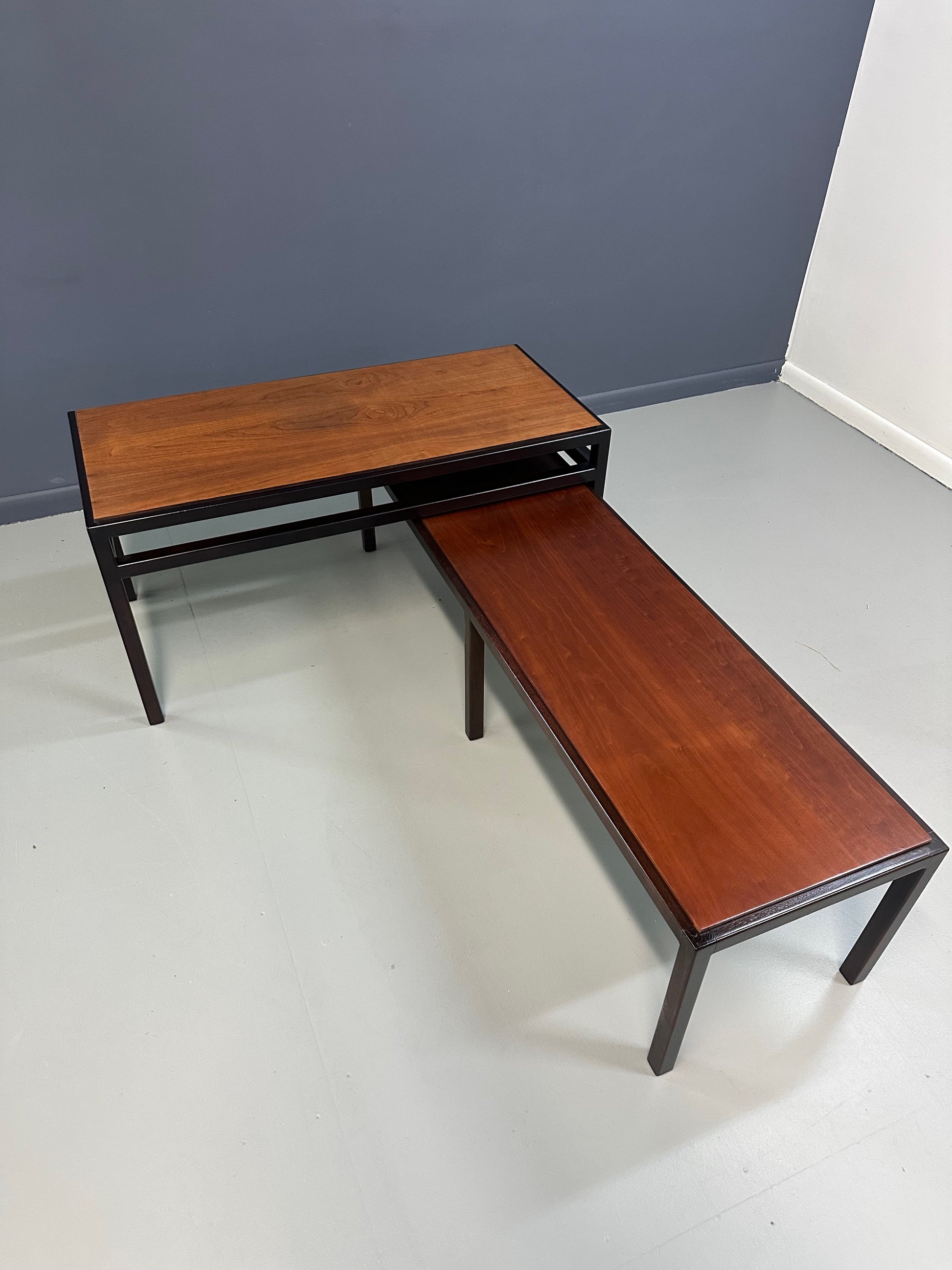 Mid-Century Dunbar Style Nesting Tables in Walnut and Ebonized Frames