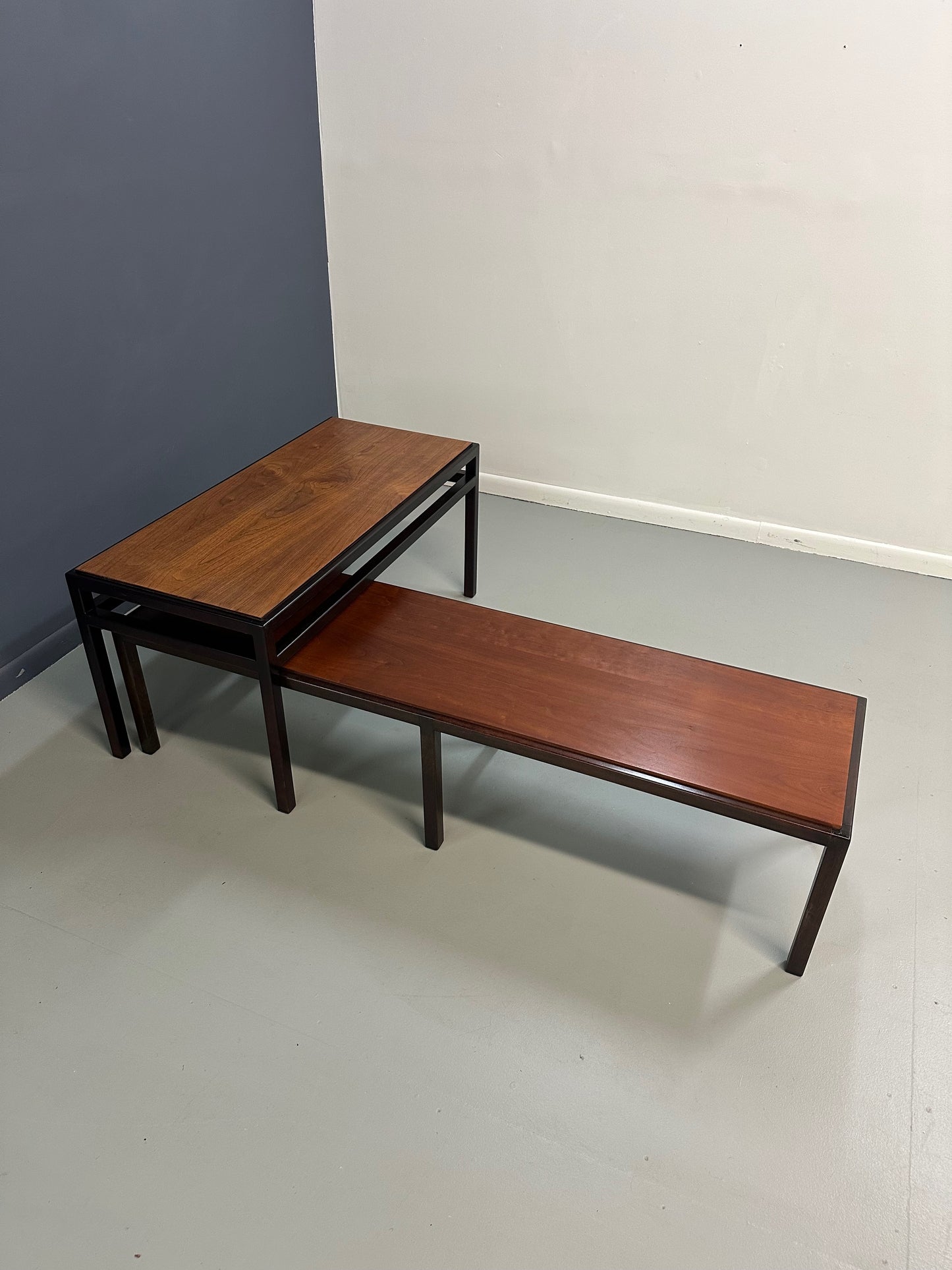 Mid-Century Dunbar Style Nesting Tables in Walnut and Ebonized Frames