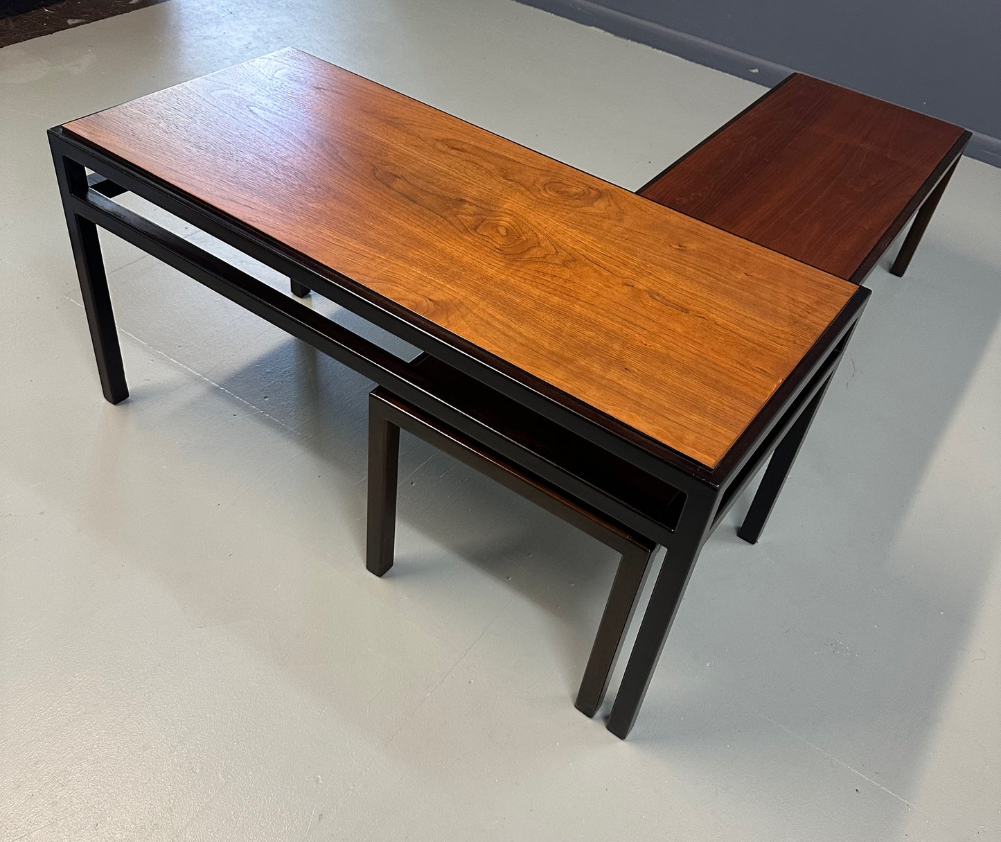 Mid-Century Dunbar Style Nesting Tables in Walnut and Ebonized Frames