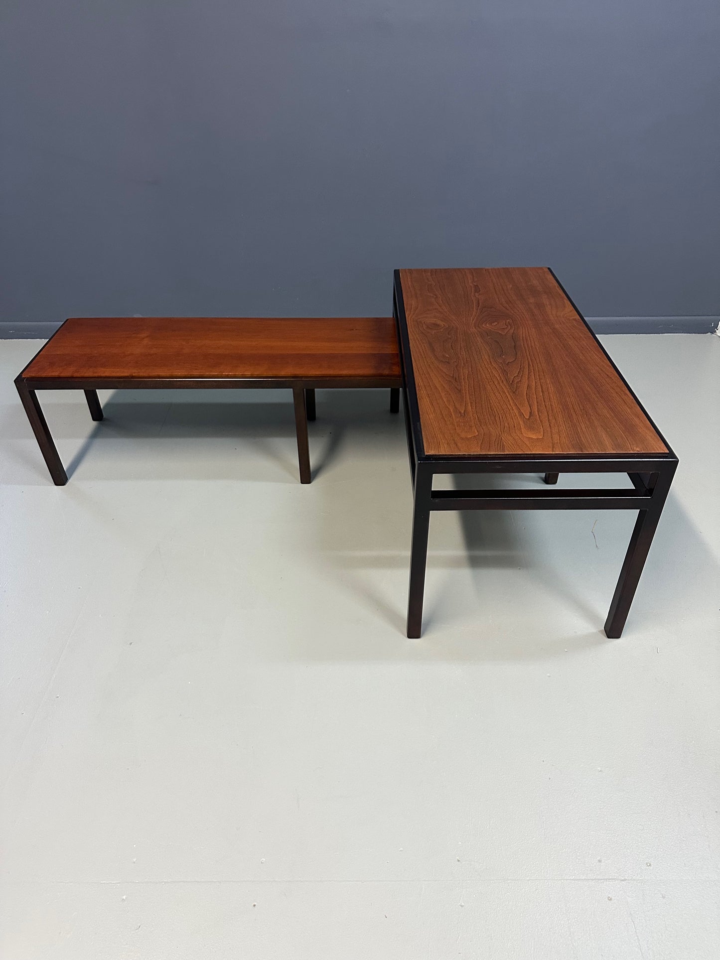 Mid-Century Dunbar Style Nesting Tables in Walnut and Ebonized Frames