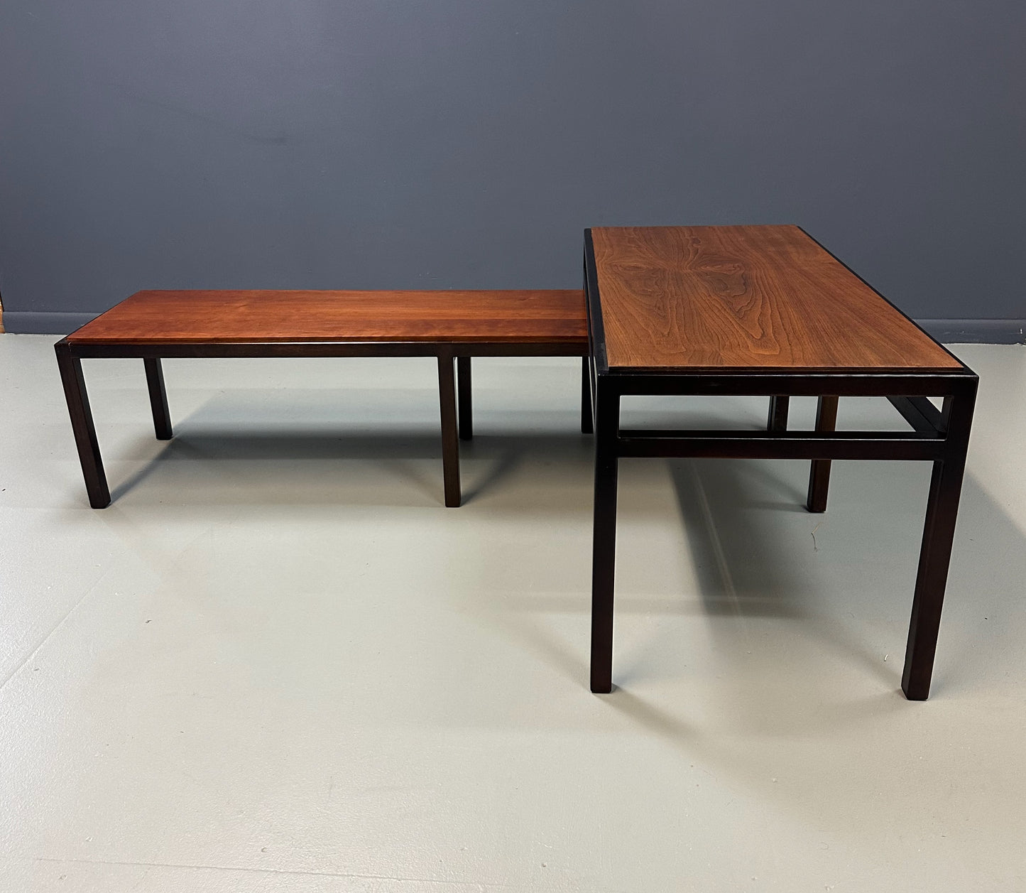Mid-Century Dunbar Style Nesting Tables in Walnut and Ebonized Frames