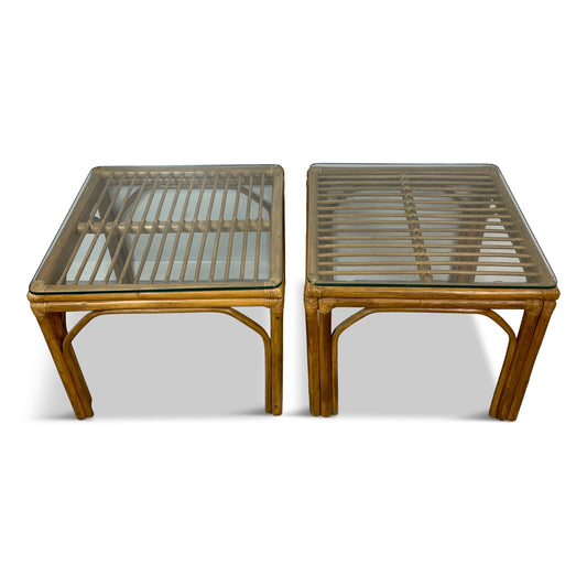 SOLD – Pair of Square Bamboo Side or End Tables with Glass Tops Mid Century