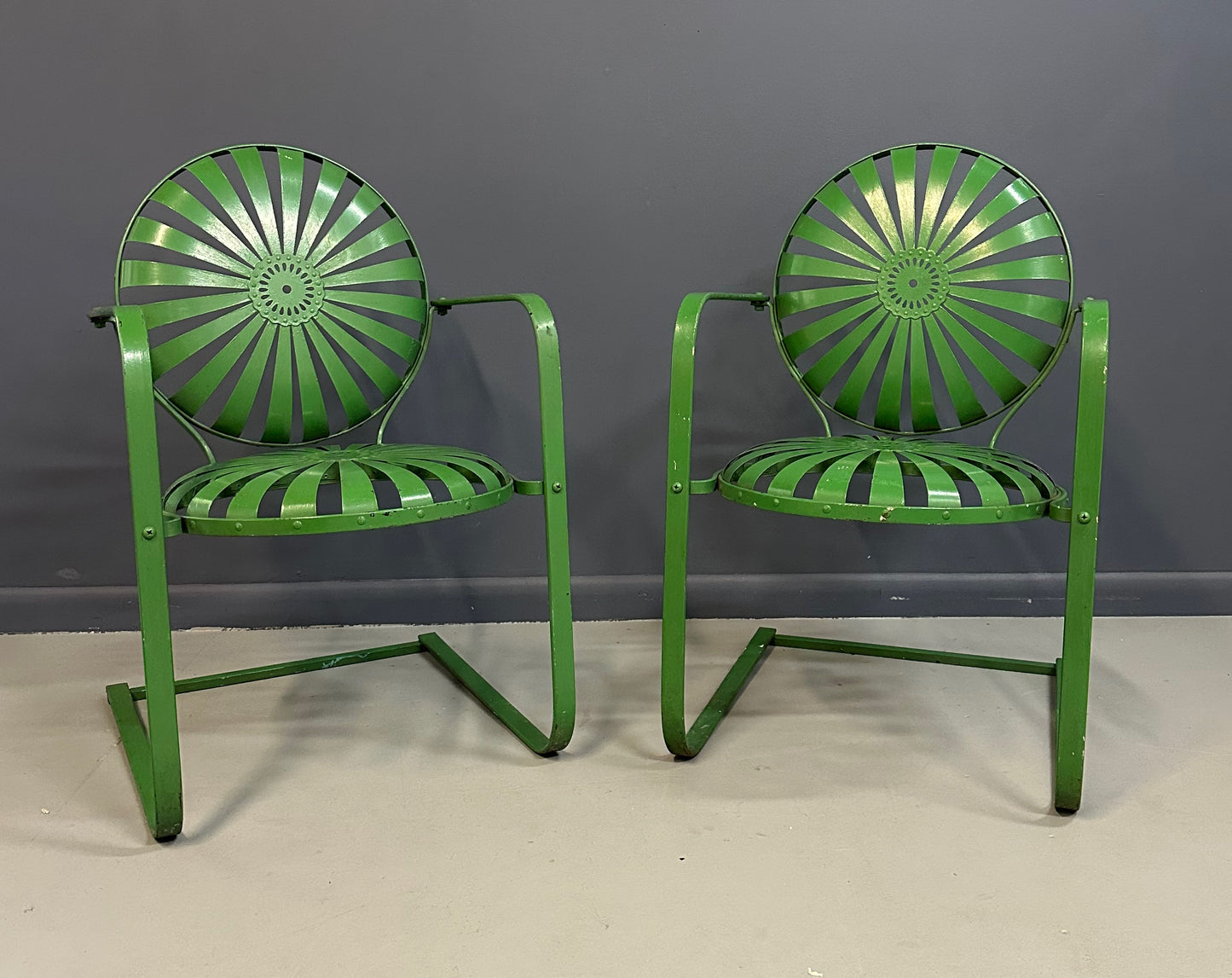 Pair of François Carre Sunburst Metal Rocking Chairs, France, 1930s