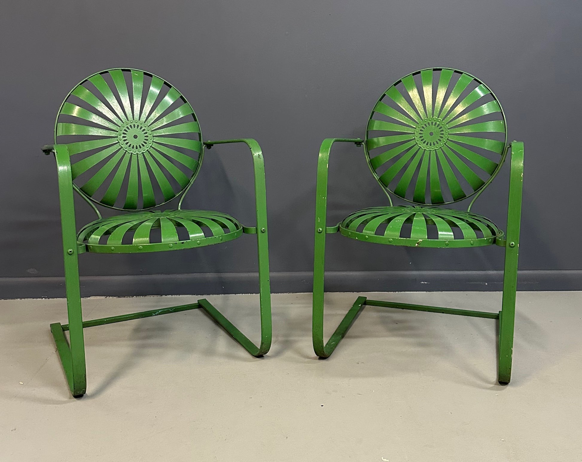 Pair of François Carre Sunburst Metal Rocking Chairs, France, 1930s