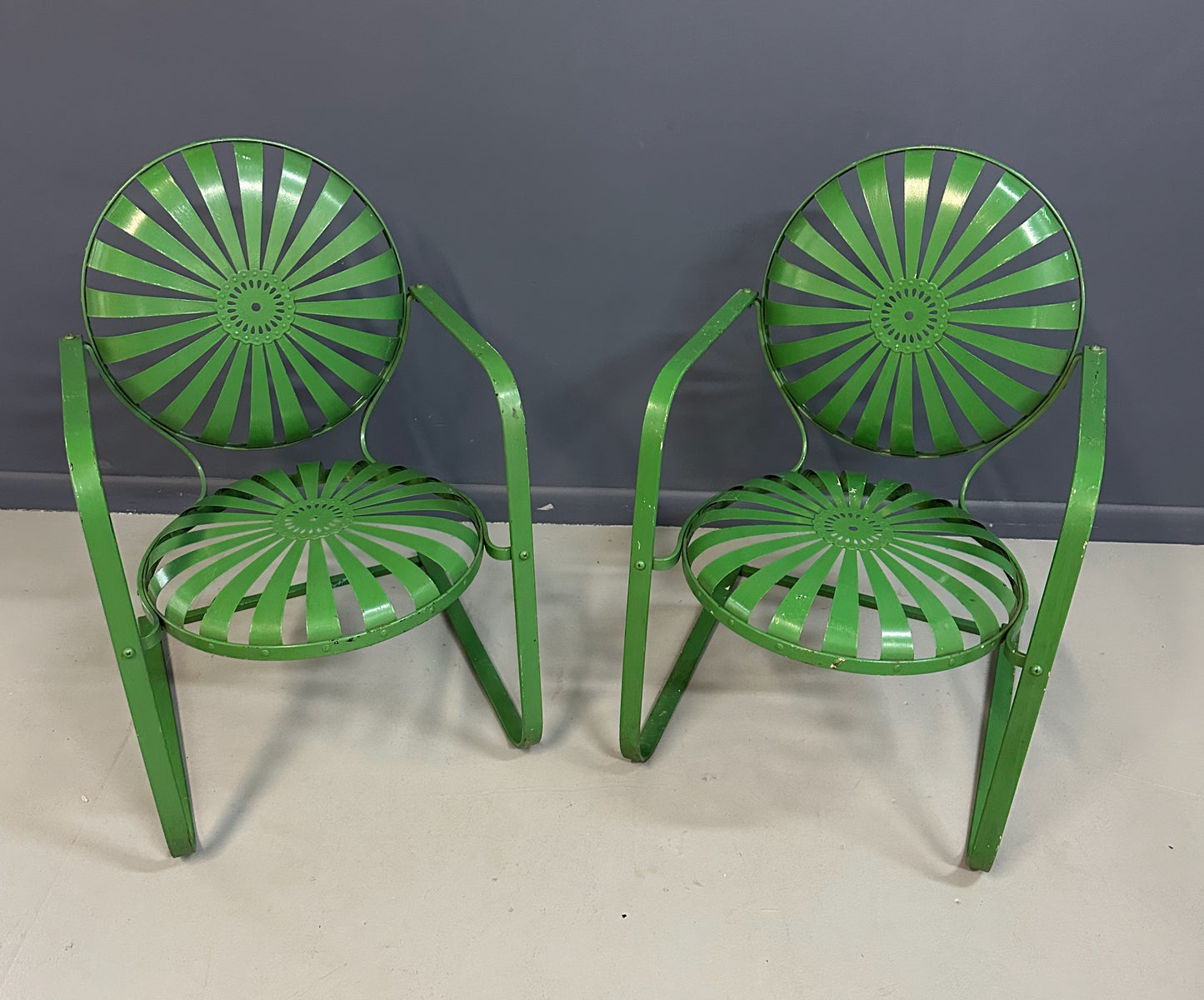 Pair of François Carre Sunburst Metal Rocking Chairs, France, 1930s