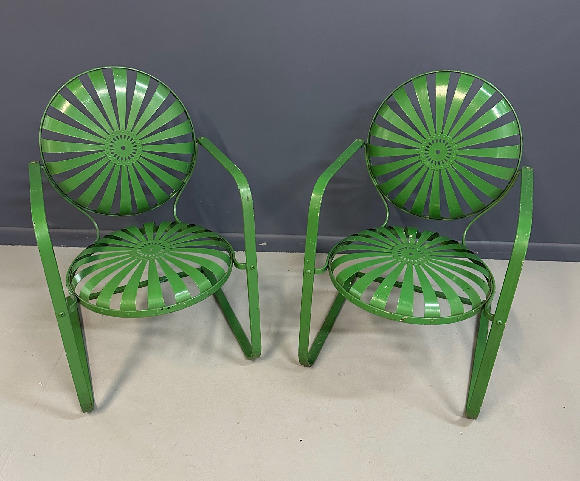 Pair of François Carre Sunburst Metal Rocking Chairs, France, 1930s
