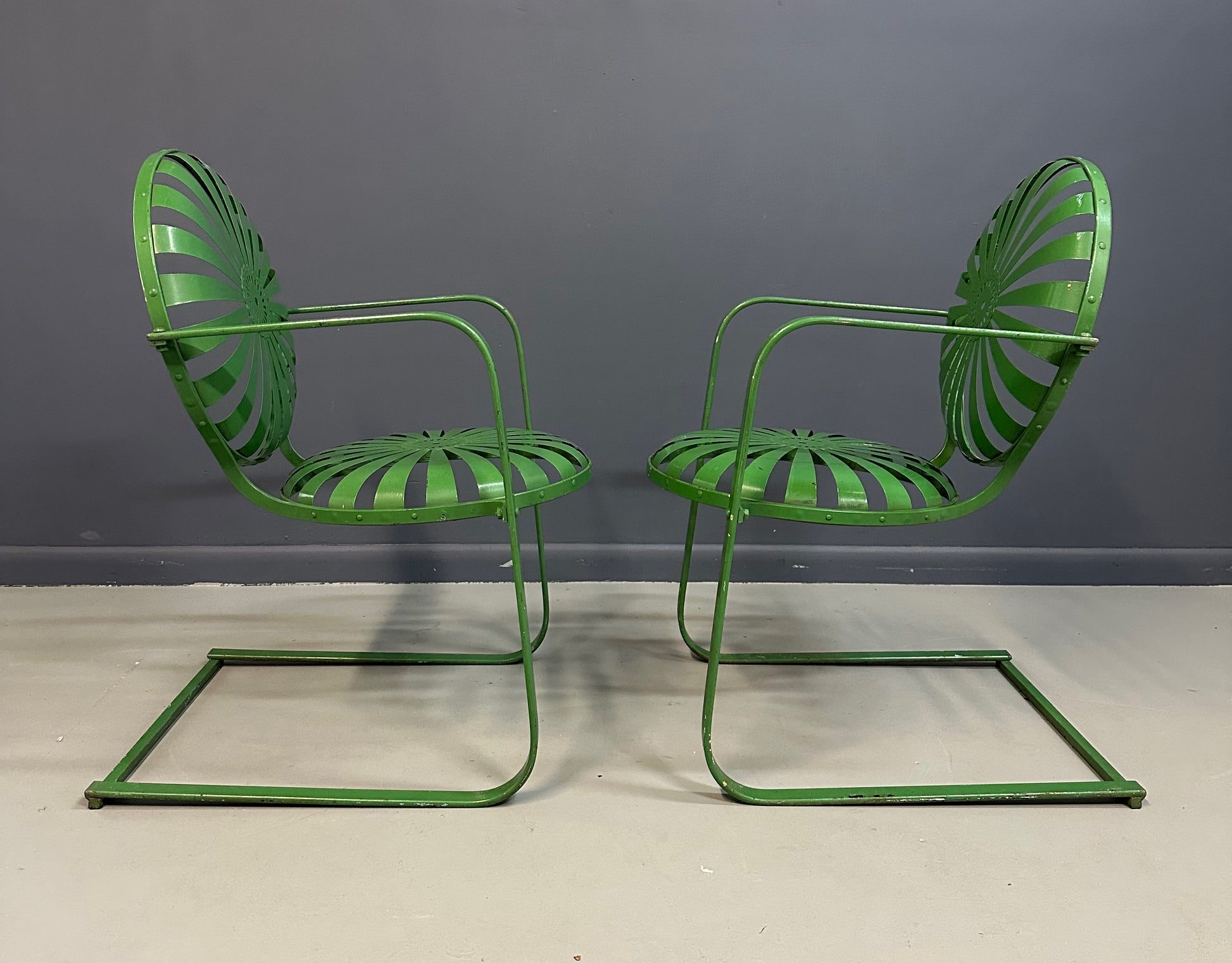 Pair of François Carre Sunburst Metal Rocking Chairs, France, 1930s