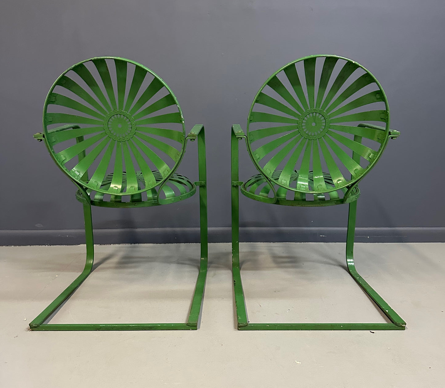 Pair of François Carre Sunburst Metal Rocking Chairs, France, 1930s