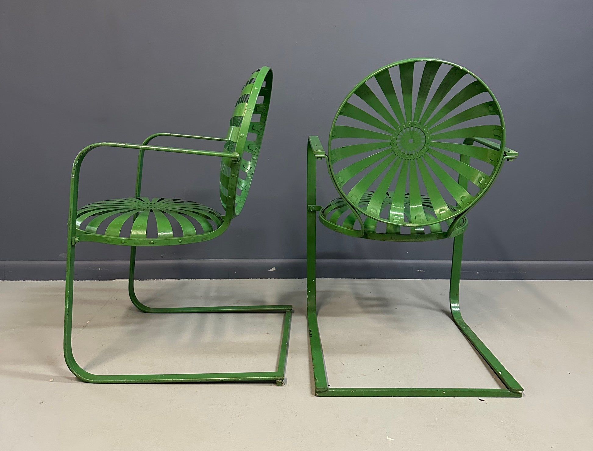 Pair of François Carre Sunburst Metal Rocking Chairs, France, 1930s