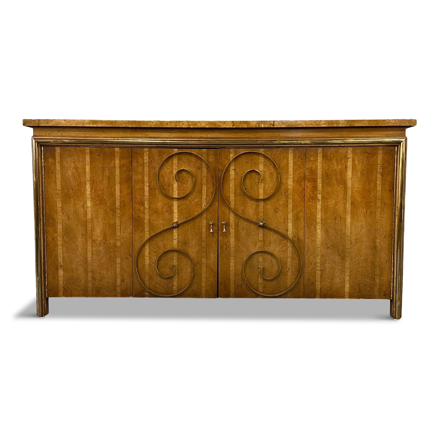 1950s Neoclassical Revival Sideboard in Pecan and Burl with Brass Scroll Details
