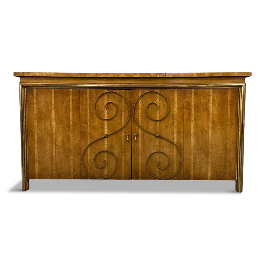 1950s Neoclassical Revival Sideboard in Pecan and Burl with Brass Scroll Details