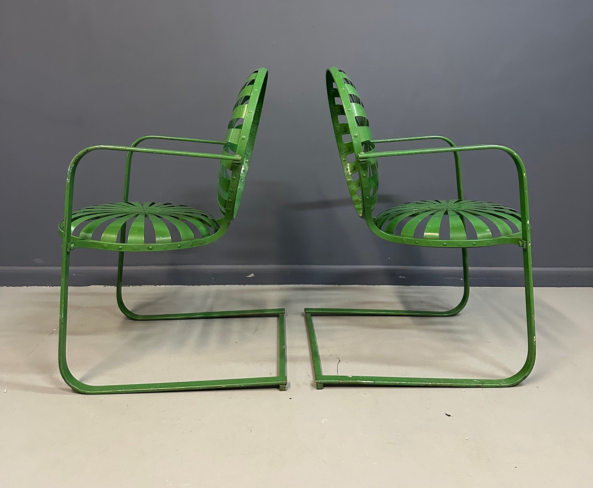 Pair of François Carre Sunburst Metal Rocking Chairs, France, 1930s