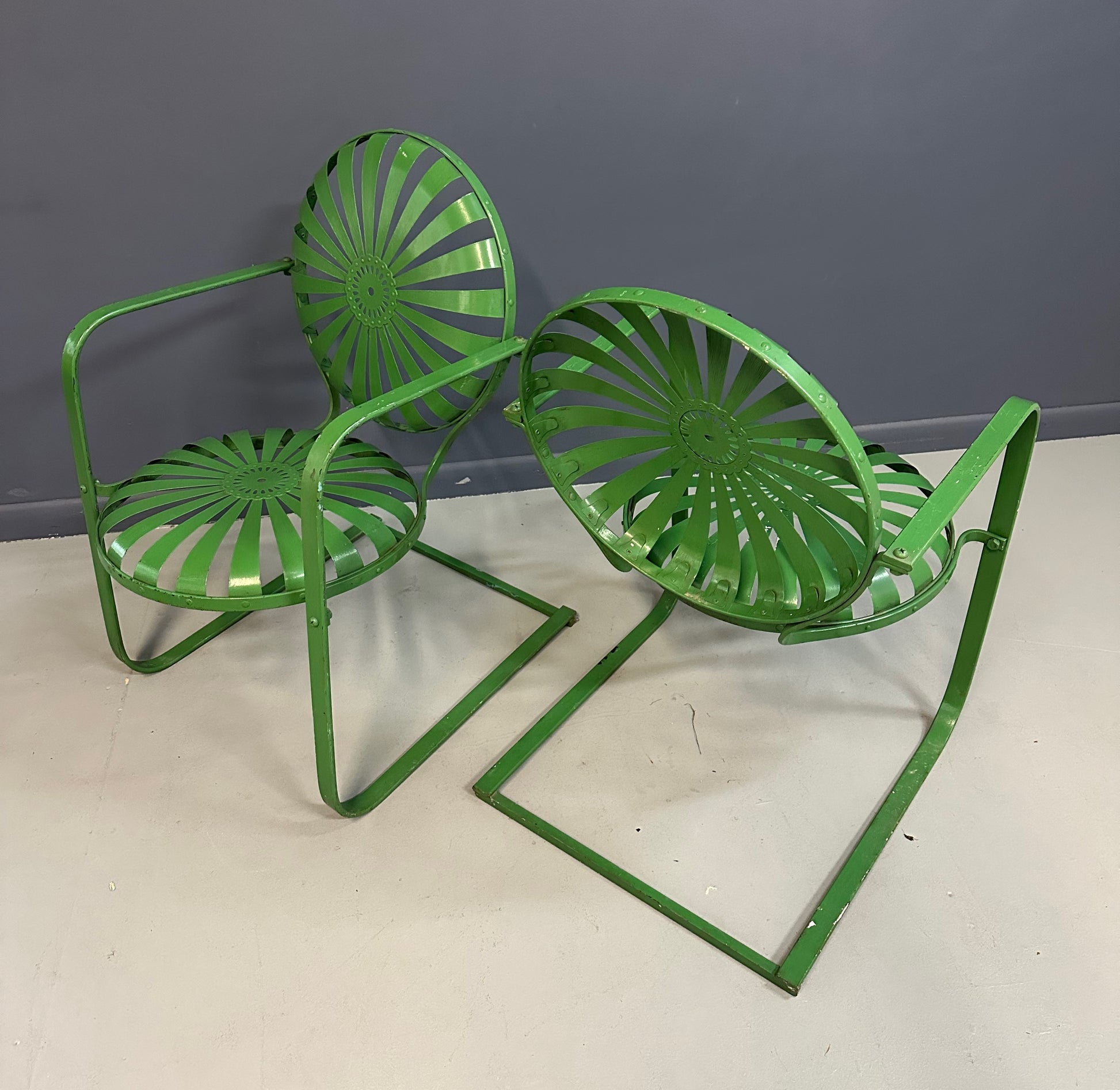 Pair of François Carre Sunburst Metal Rocking Chairs, France, 1930s