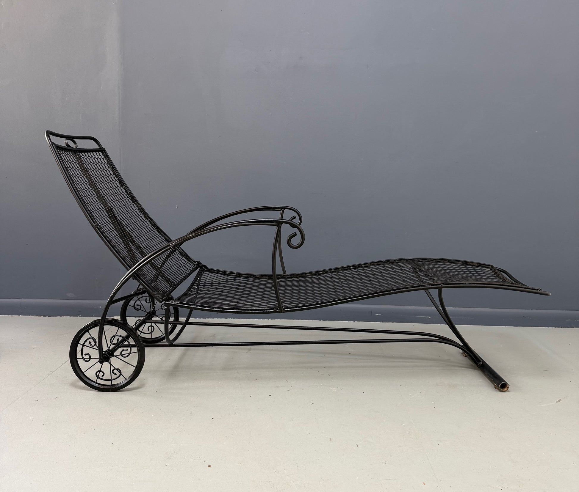 Trio of Mid Century Iron Mesh Chaise Lounges in the Style of Salterini
