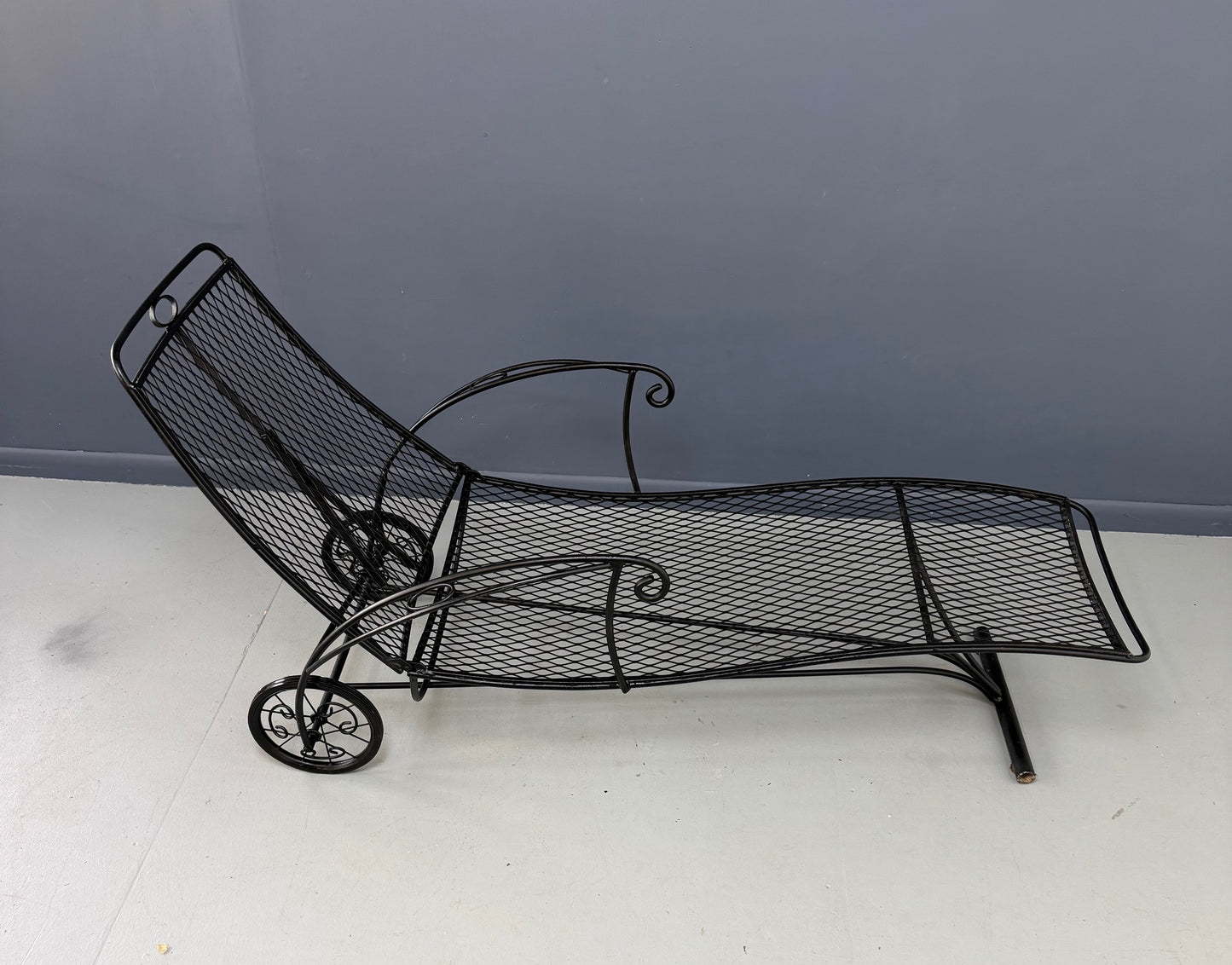 Trio of Mid Century Iron Mesh Chaise Lounges in the Style of Salterini