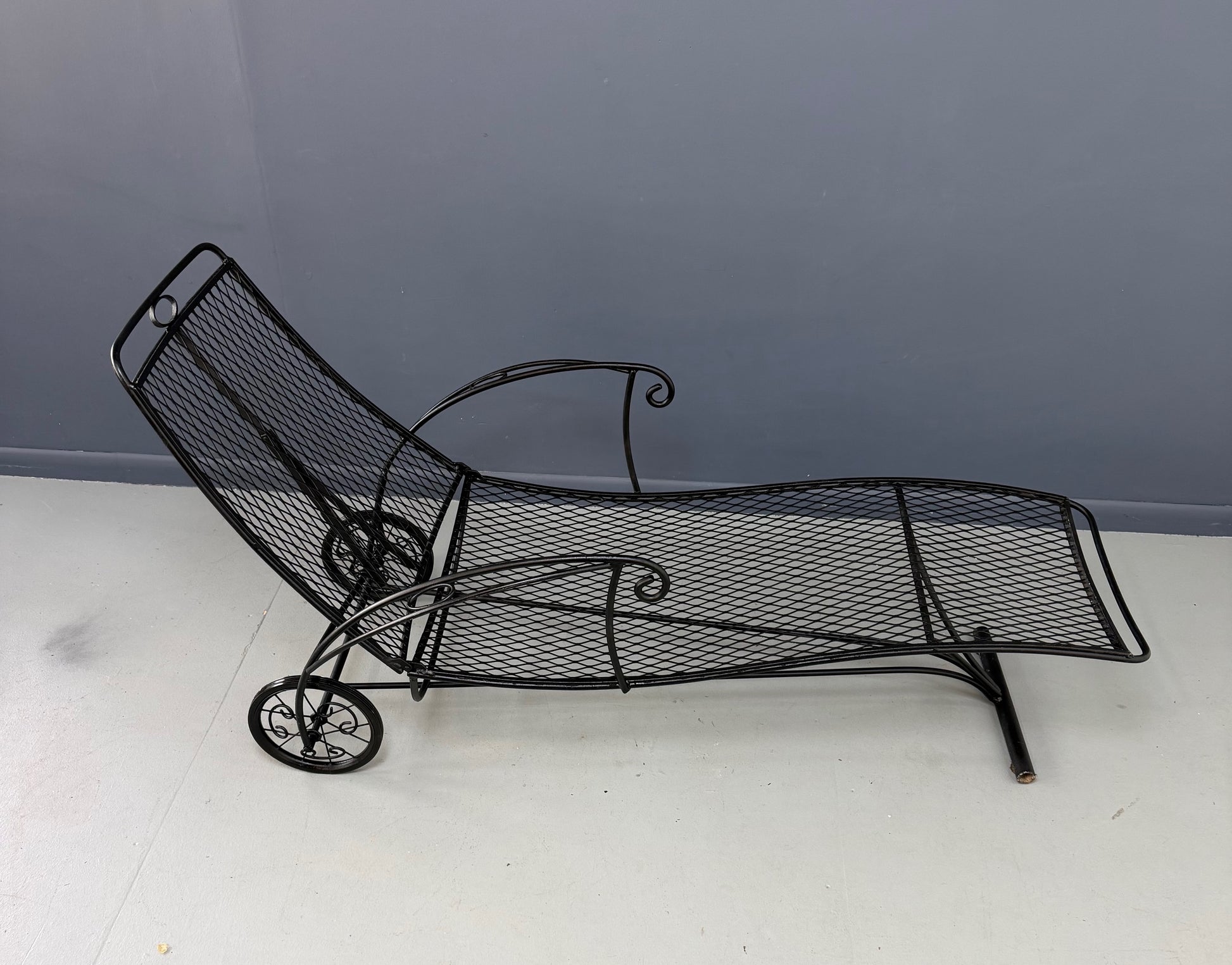 Trio of Mid Century Iron Mesh Chaise Lounges in the Style of Salterini