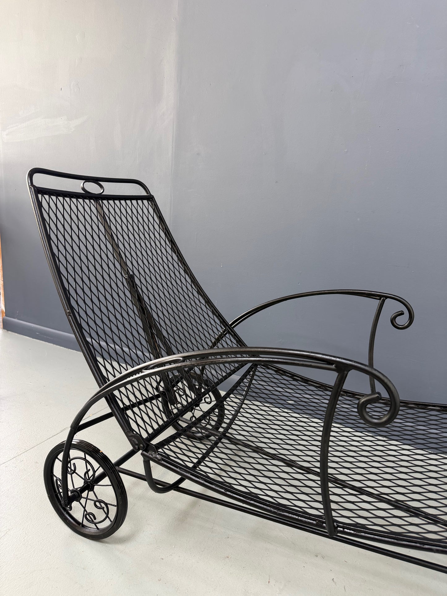 Trio of Mid Century Iron Mesh Chaise Lounges in the Style of Salterini