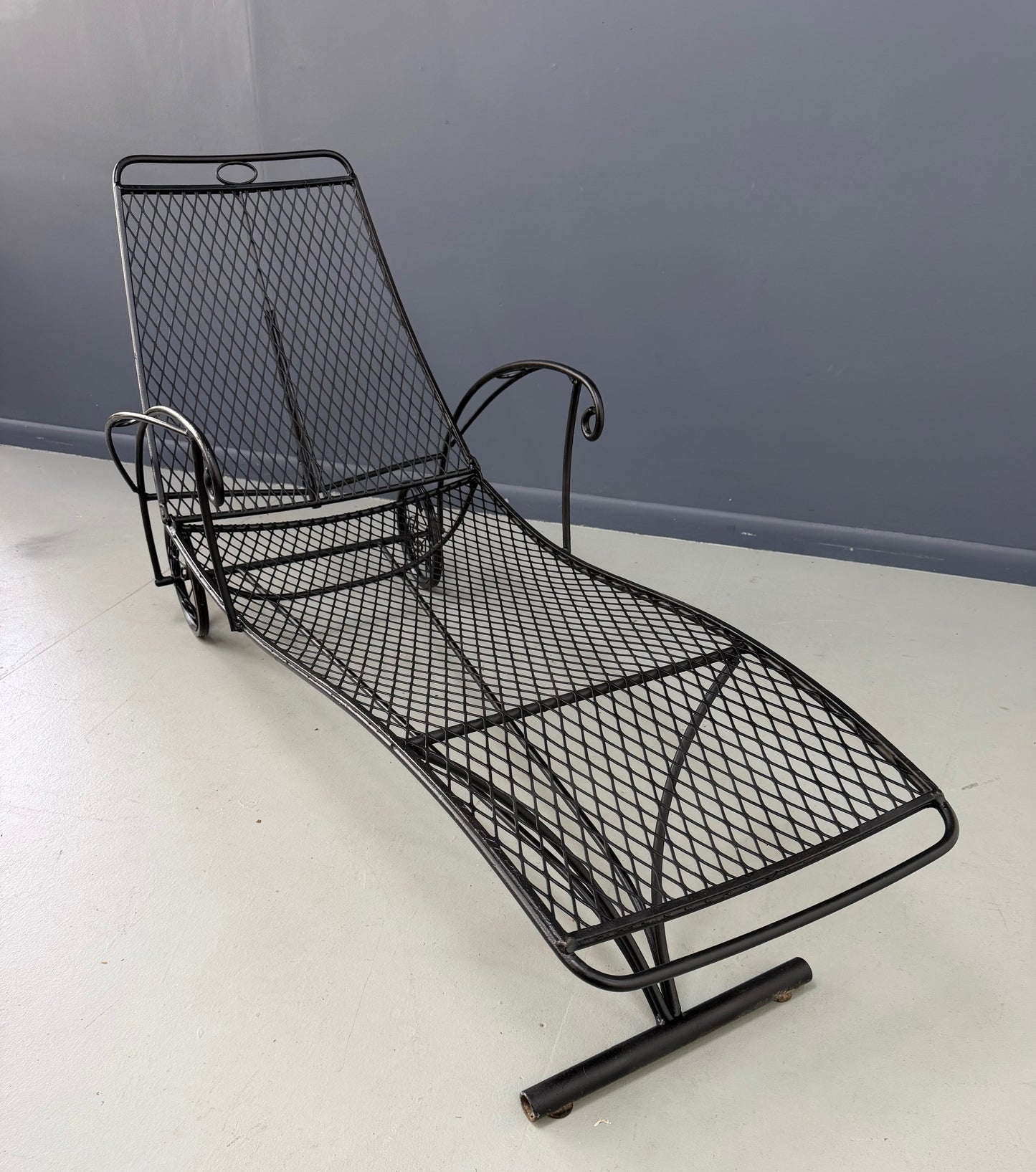 Trio of Mid Century Iron Mesh Chaise Lounges in the Style of Salterini