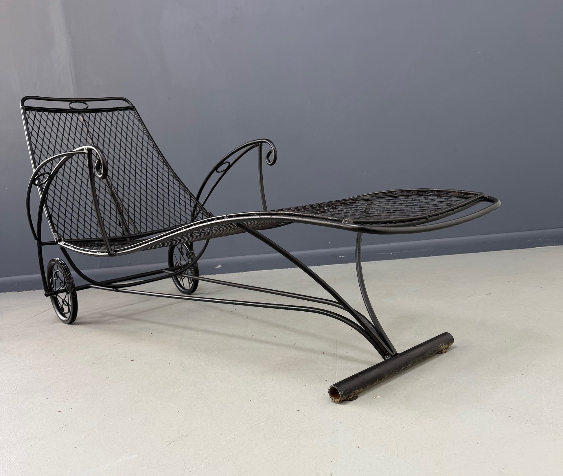 Trio of Mid Century Iron Mesh Chaise Lounges in the Style of Salterini