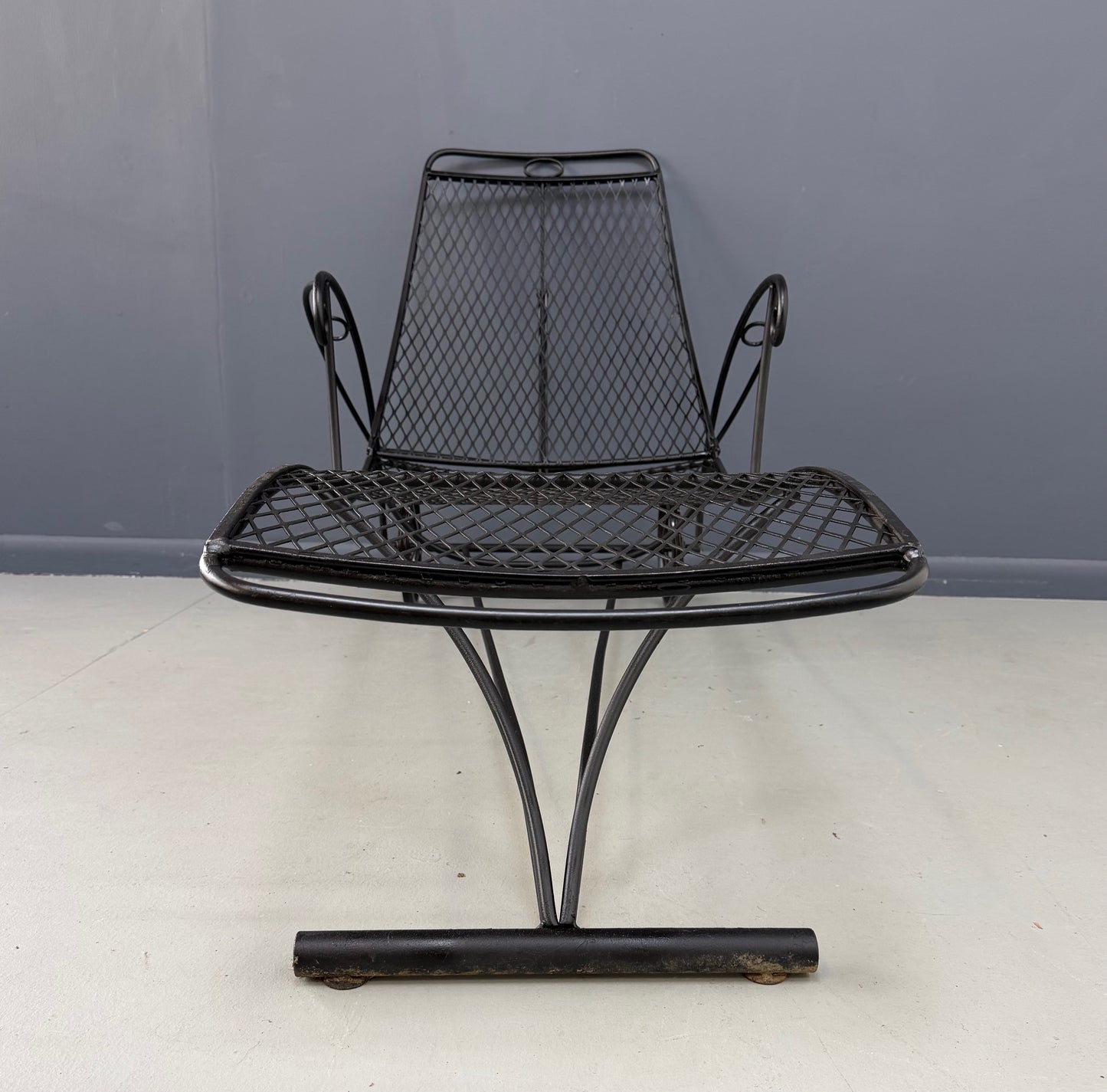 Trio of Mid Century Iron Mesh Chaise Lounges in the Style of Salterini
