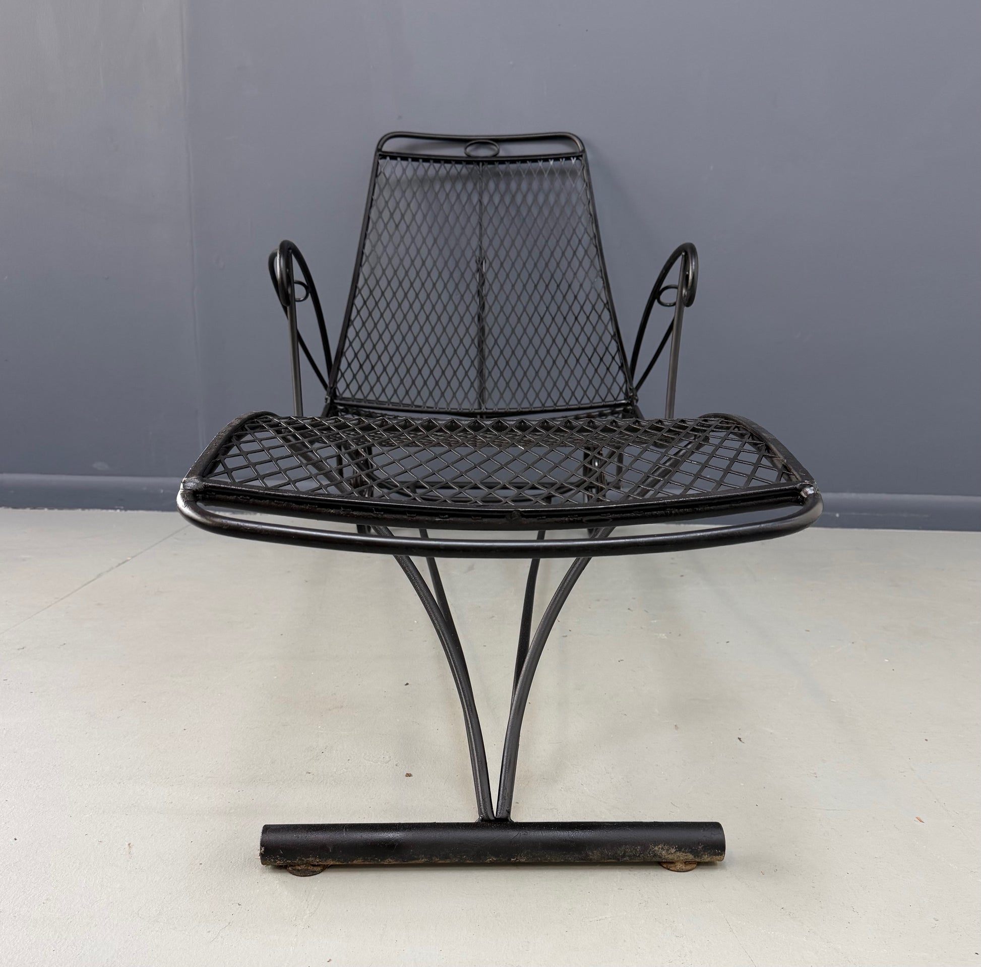Trio of Mid Century Iron Mesh Chaise Lounges in the Style of Salterini