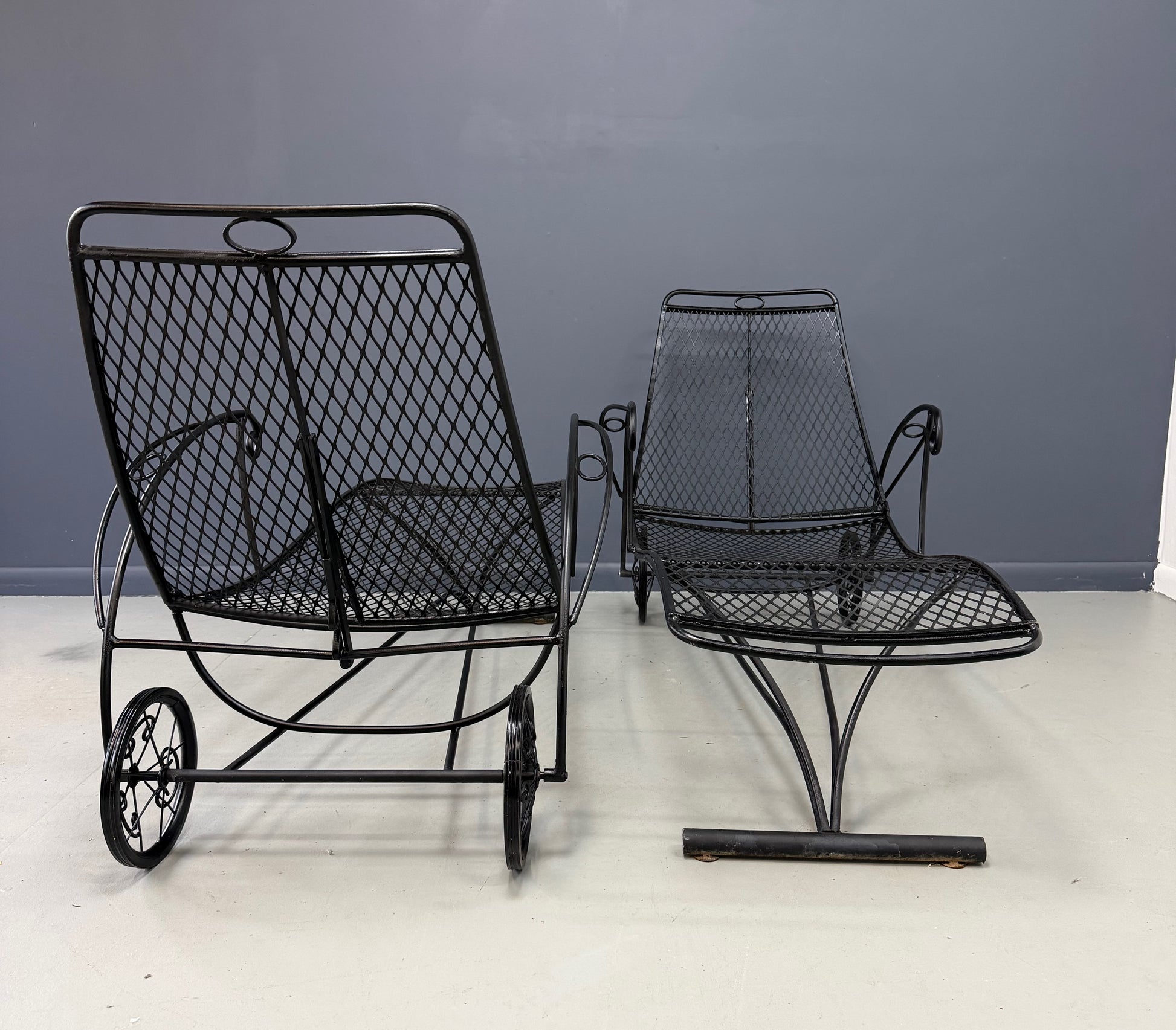 Trio of Mid Century Iron Mesh Chaise Lounges in the Style of Salterini