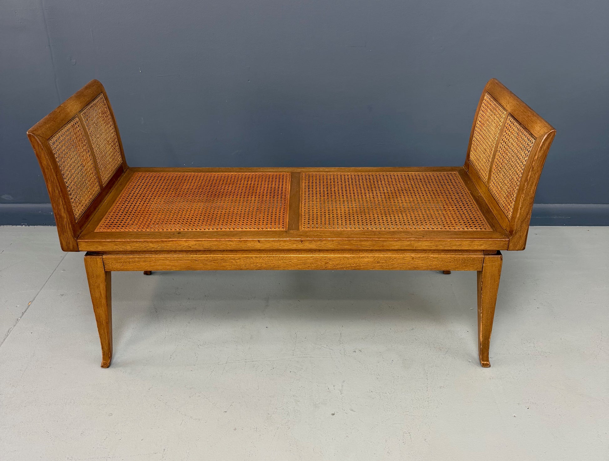 Mid-Century Fine Arts Furniture Cane Bench in Blond Mahogany