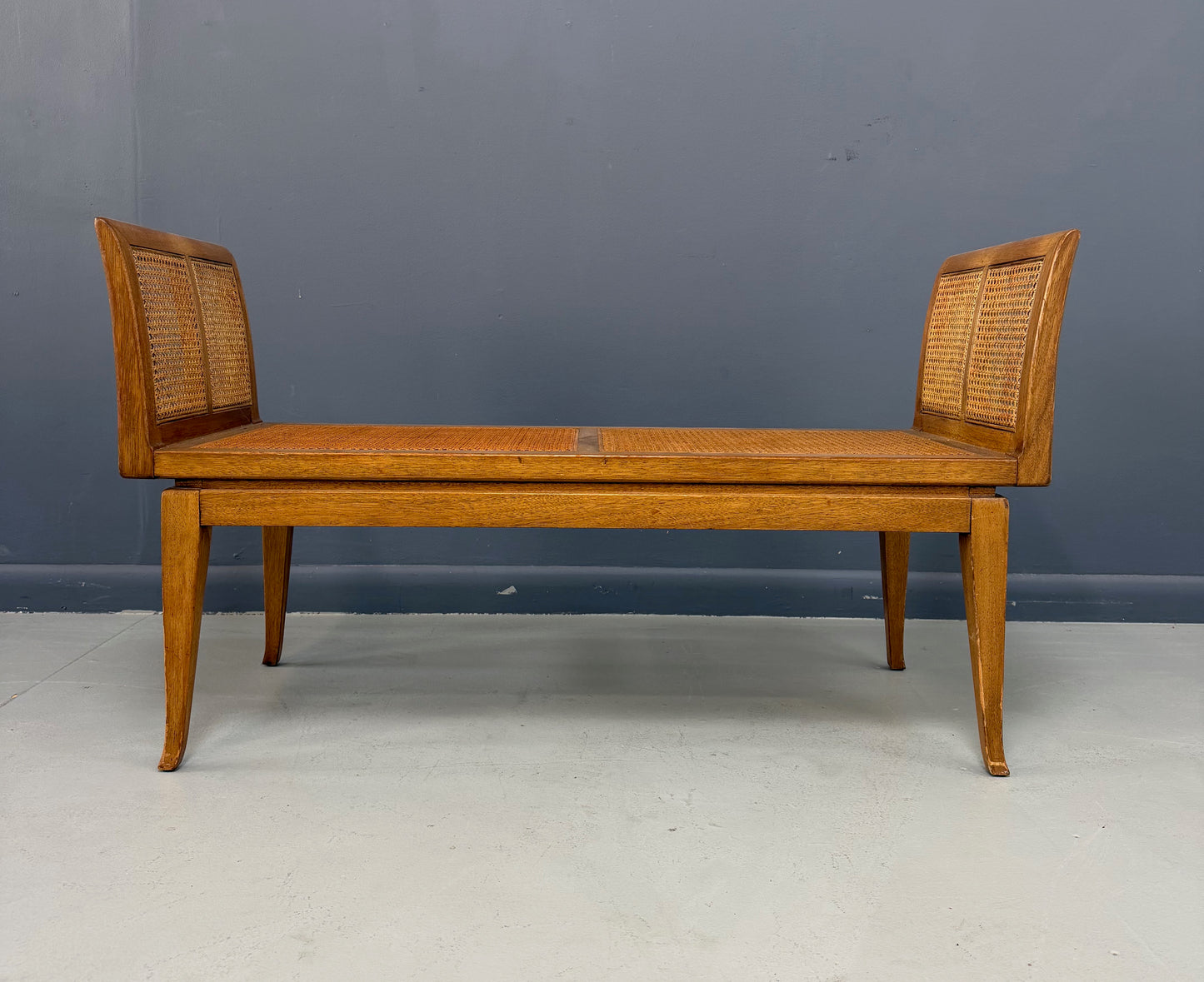 Mid-Century Fine Arts Furniture Cane Bench in Blond Mahogany