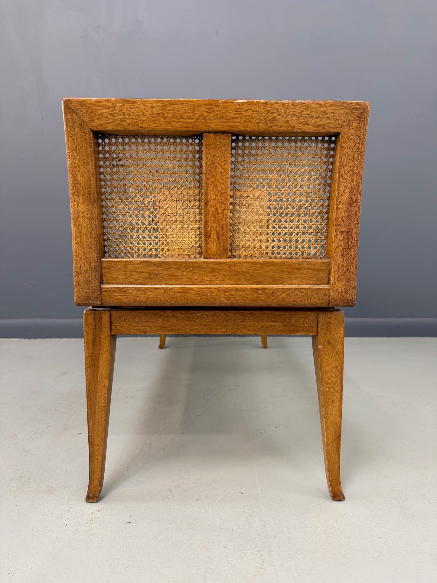 Mid-Century Fine Arts Furniture Cane Bench in Blond Mahogany