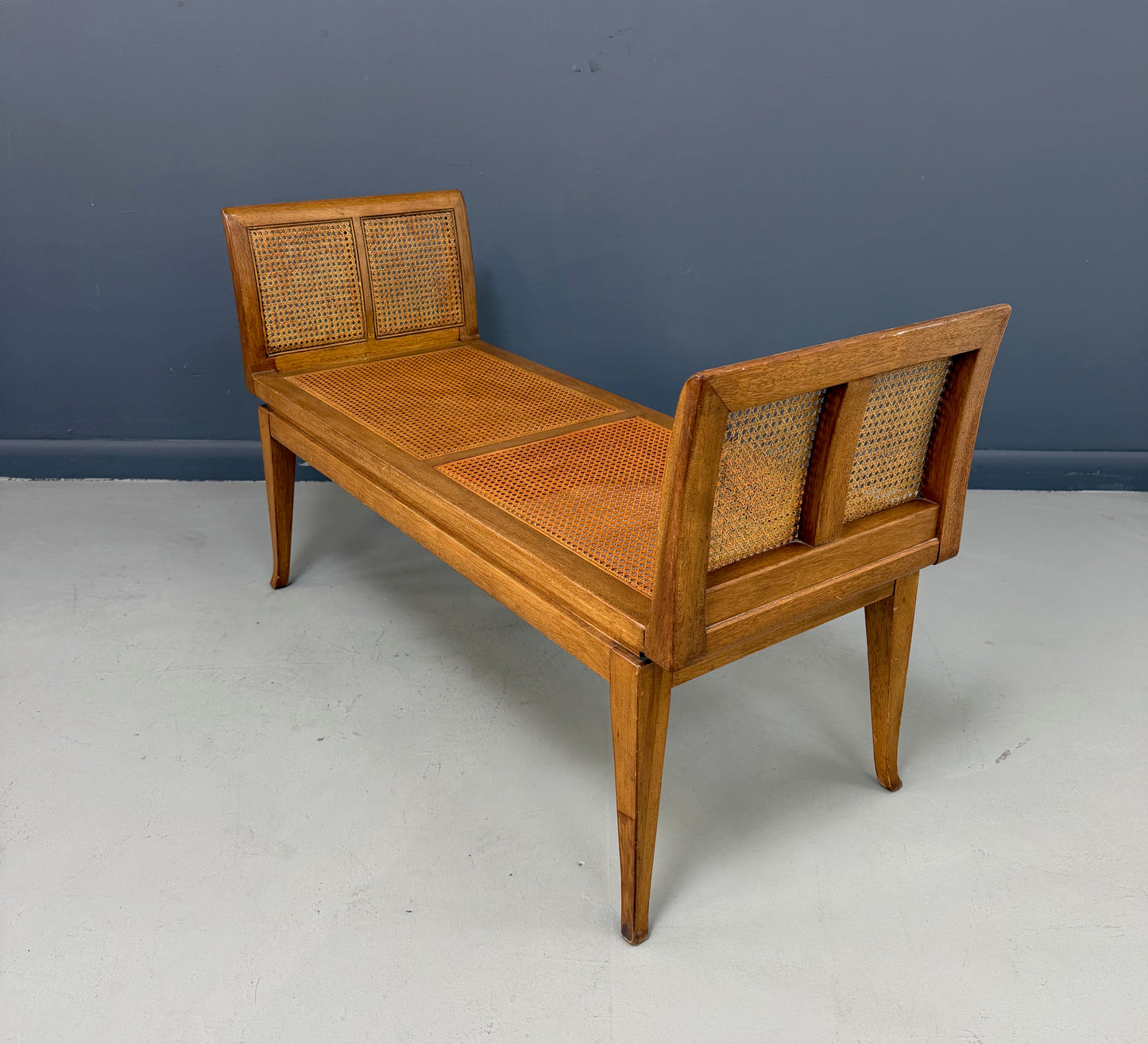 Mid-Century Fine Arts Furniture Cane Bench in Blond Mahogany