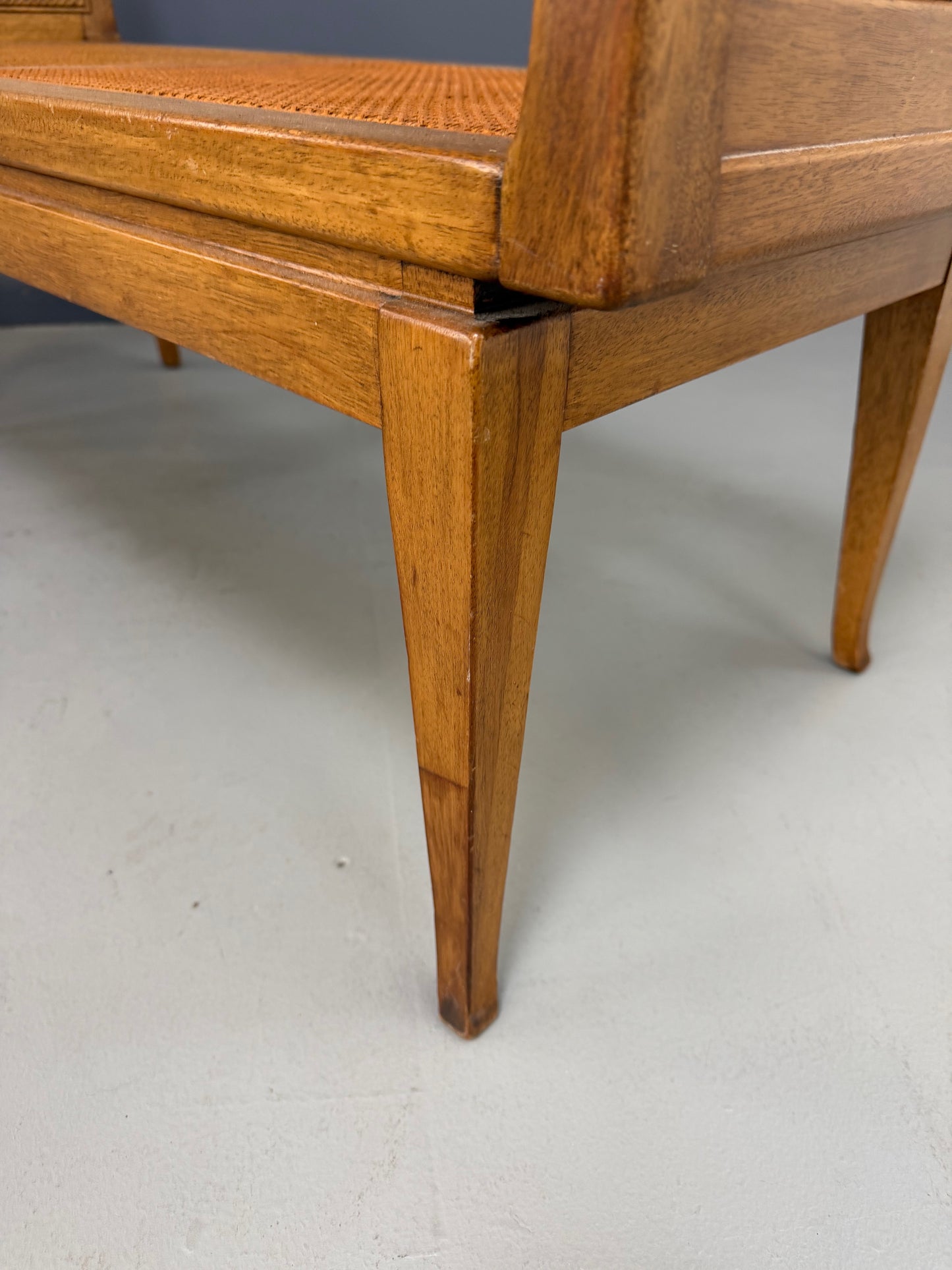Mid-Century Fine Arts Furniture Cane Bench in Blond Mahogany