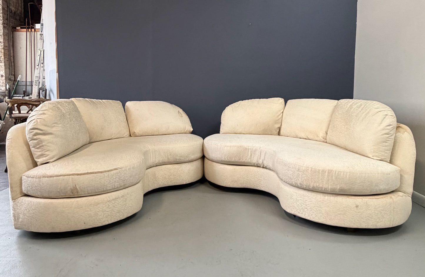 SOLD – Pair of Custom 1980s Curved Loveseats for Classic Gallery Mid Century