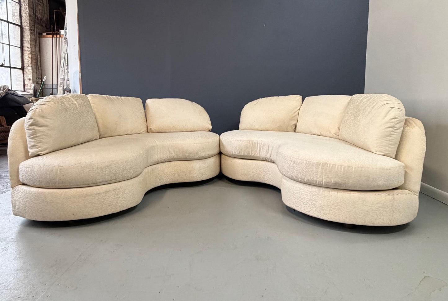 SOLD – Pair of Custom 1980s Curved Loveseats for Classic Gallery Mid Century