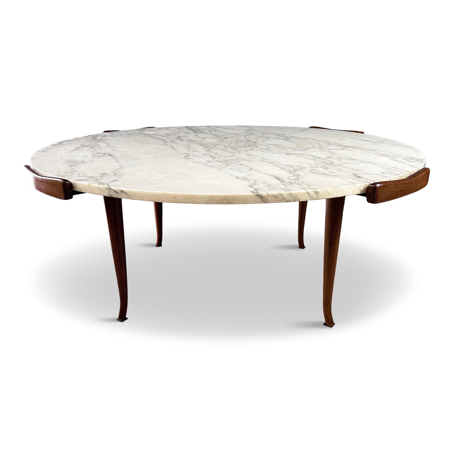 SOLD – Erno Fabry Coffee Table in Carrara Marble and a Walnut Base with Curvacrous Legs