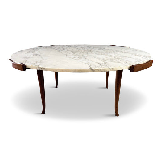 Erno Fabry Coffee Table in Carrara Marble and a Walnut Base with Curvacrous Legs