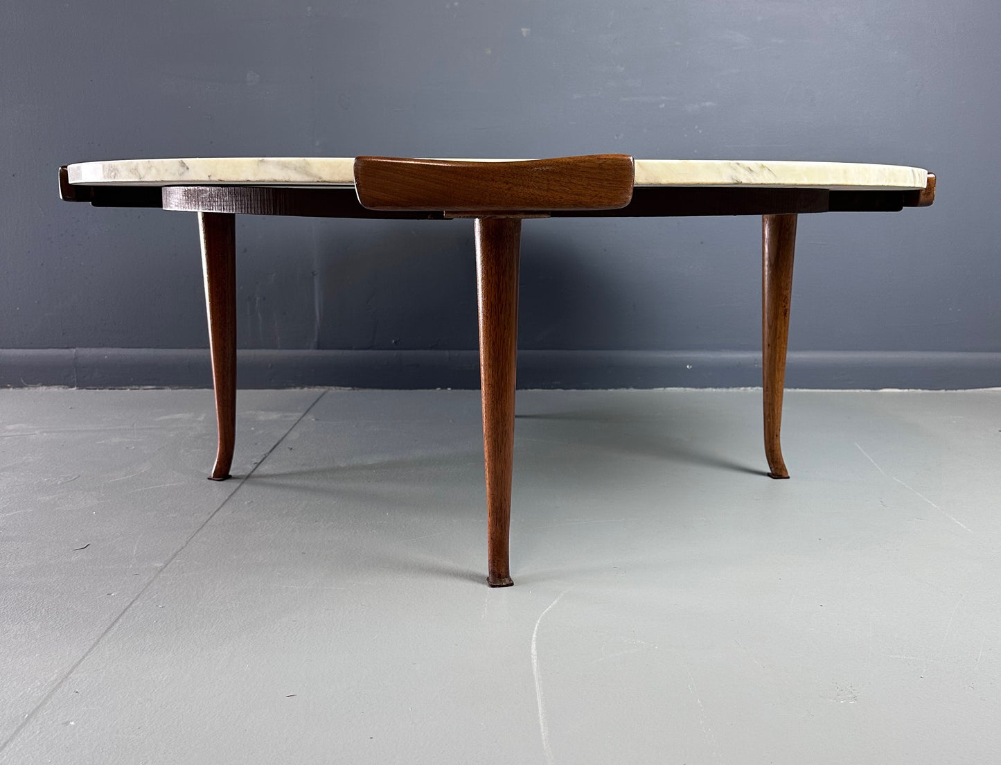 SOLD – Erno Fabry Coffee Table in Carrara Marble and a Walnut Base with Curvacrous Legs