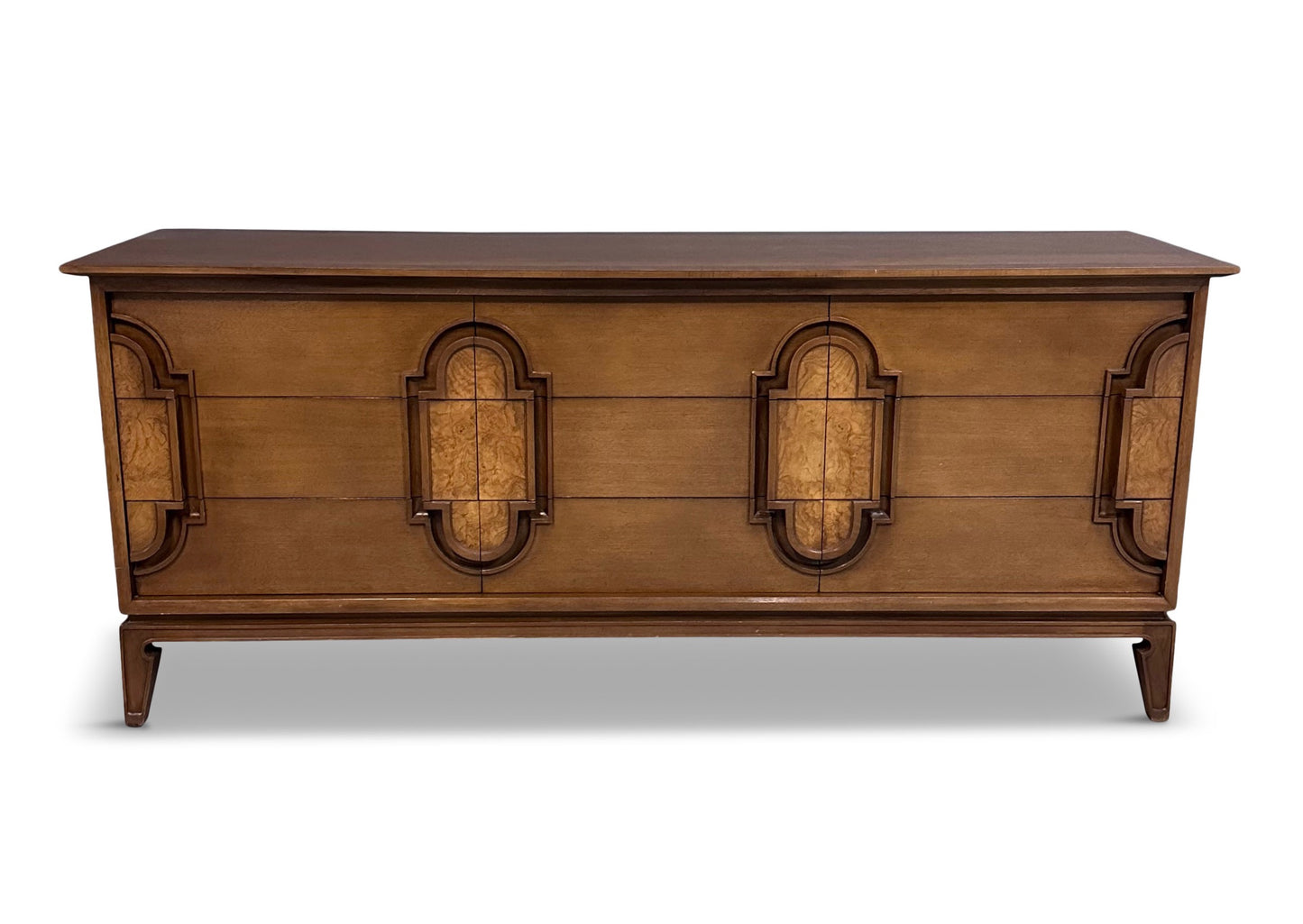 SOLD – Romweber 9 Drawer Dresser in Fruitwood with Burl Cartouche Accents Midcentury