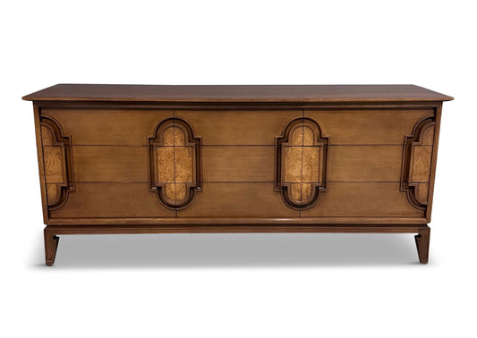 SOLD – Romweber 9 Drawer Dresser in Fruitwood with Burl Cartouche Accents Midcentury
