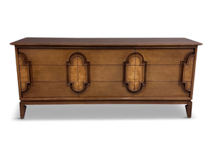 Romweber 9 Drawer Dresser in Fruitwood with Burl Cartouche Accents Midcentury