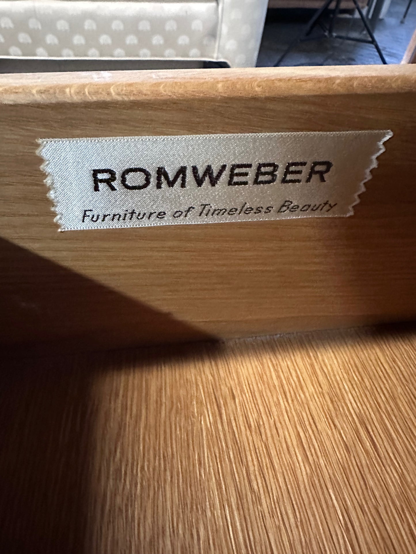 SOLD – Romweber 9 Drawer Dresser in Fruitwood with Burl Cartouche Accents Midcentury