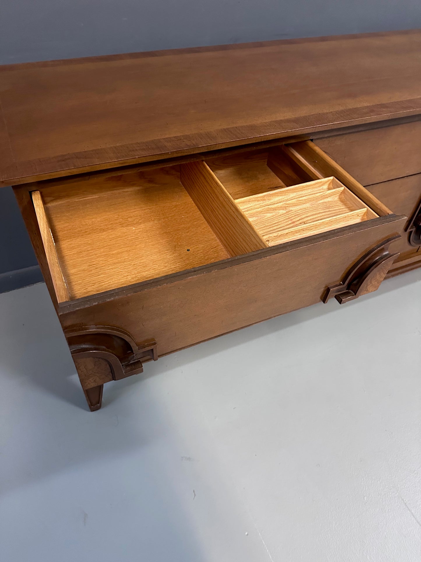 SOLD – Romweber 9 Drawer Dresser in Fruitwood with Burl Cartouche Accents Midcentury