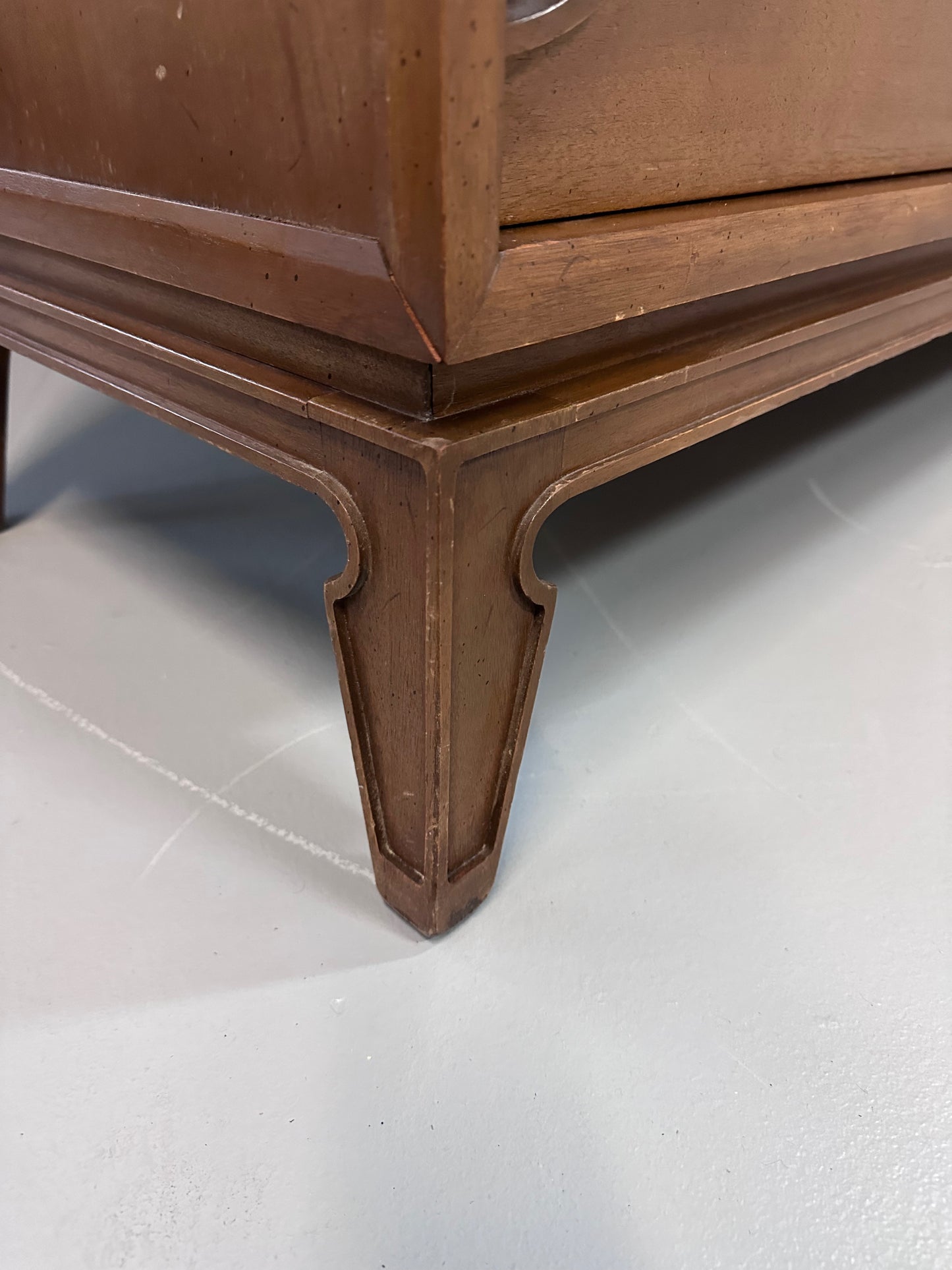 SOLD – Romweber 9 Drawer Dresser in Fruitwood with Burl Cartouche Accents Midcentury