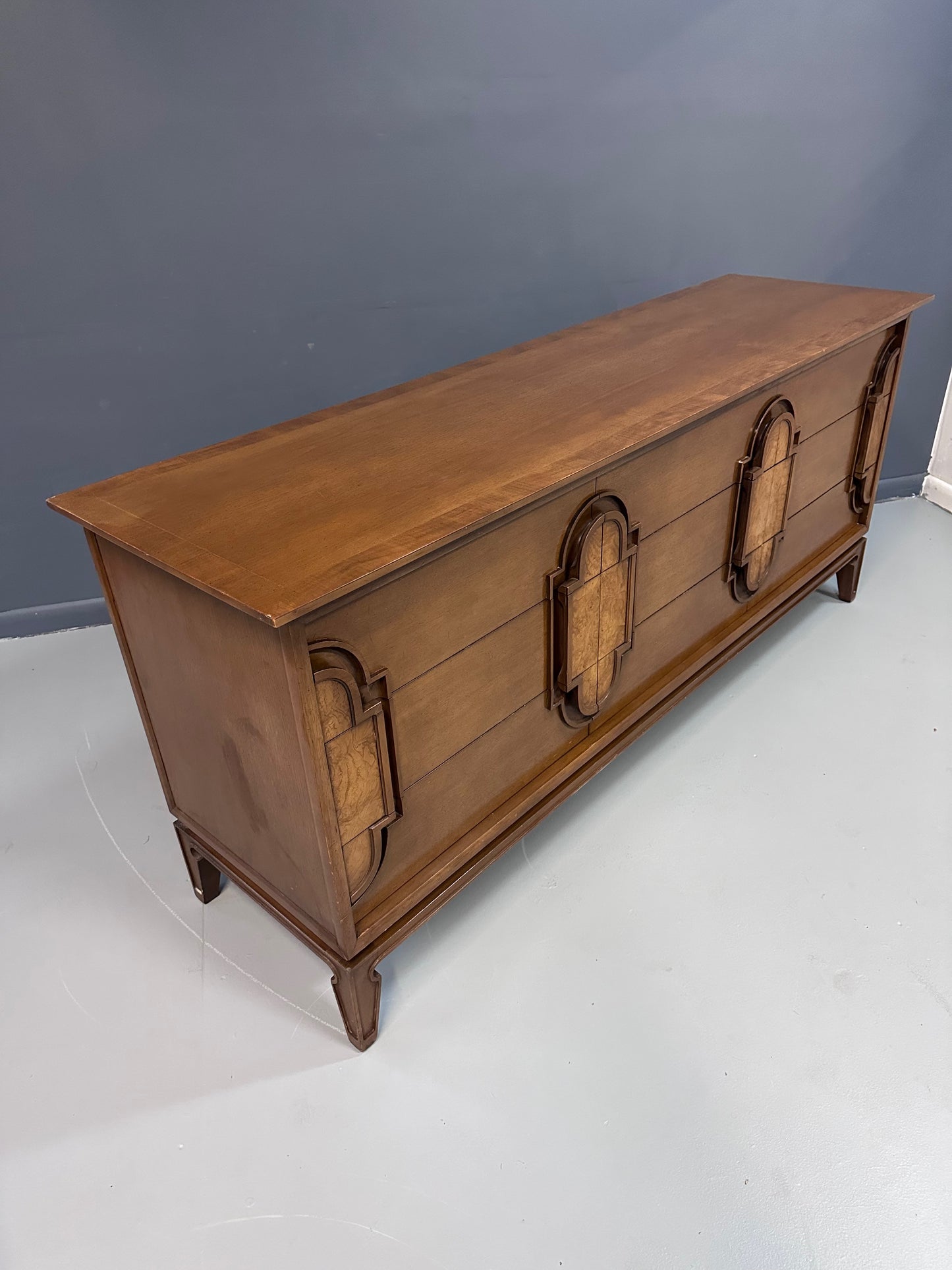 SOLD – Romweber 9 Drawer Dresser in Fruitwood with Burl Cartouche Accents Midcentury
