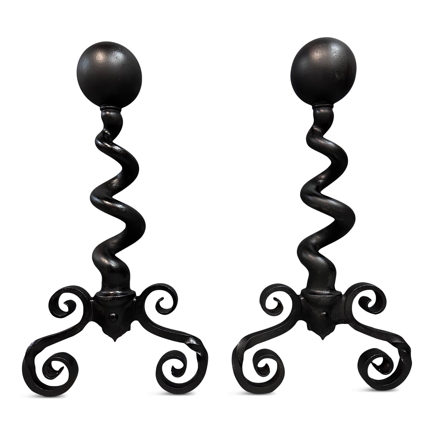 SOLD – Bradley & Hubbard Andirons Cast Iron Cannonball Tops Over Corkscrew Columns