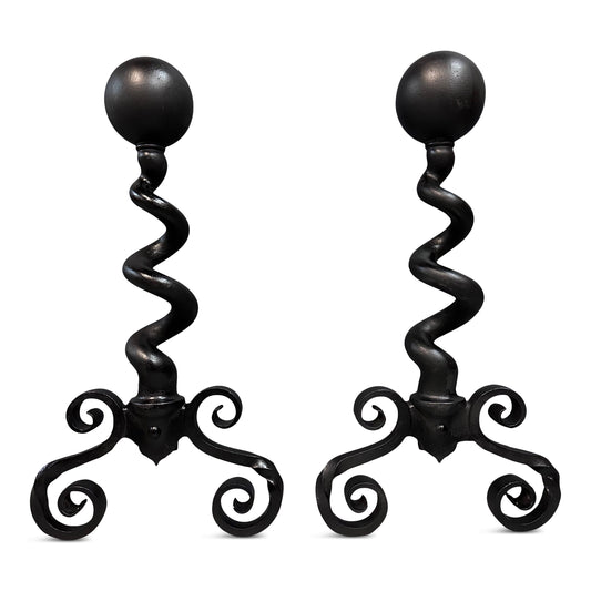 SOLD – Bradley & Hubbard Andirons Cast Iron Cannonball Tops Over Corkscrew Columns